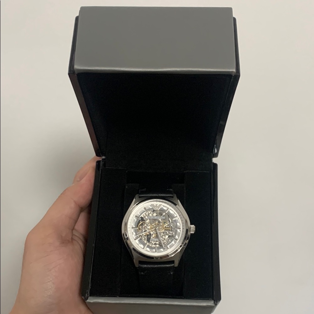Men's Silver and Black Skeleton Watch